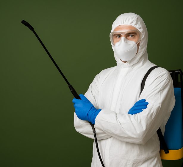 A professional pest control technician wearing protective gear and gloves holding a spray.