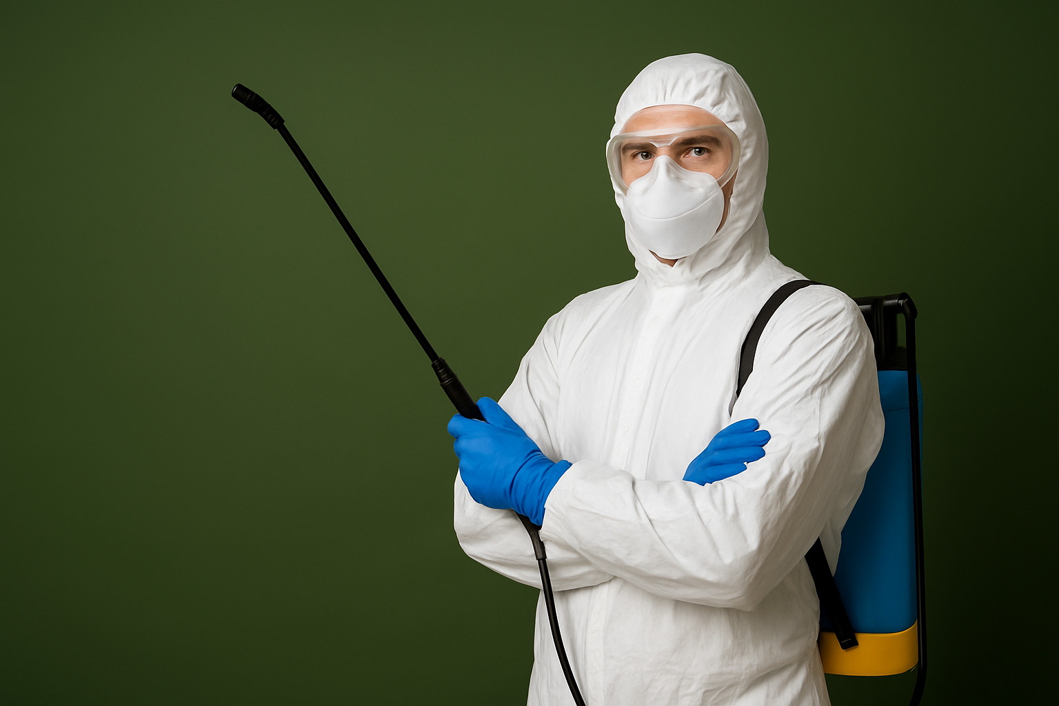 A professional pest control technician wearing protective gear and gloves holding a spray.